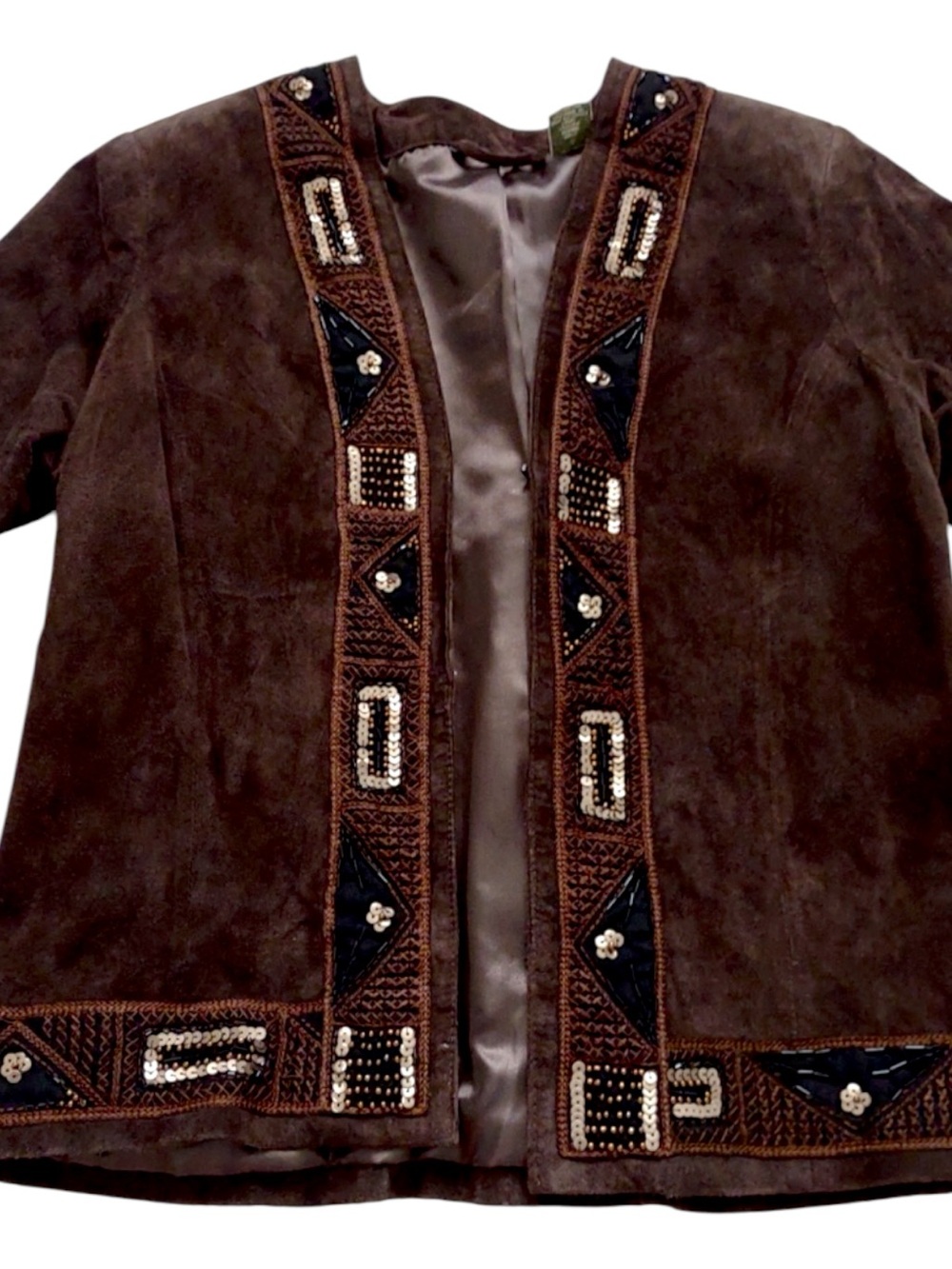 Laura Ashley Petite Brown Leather Beaded Jacket‎ Boho Vintage PM